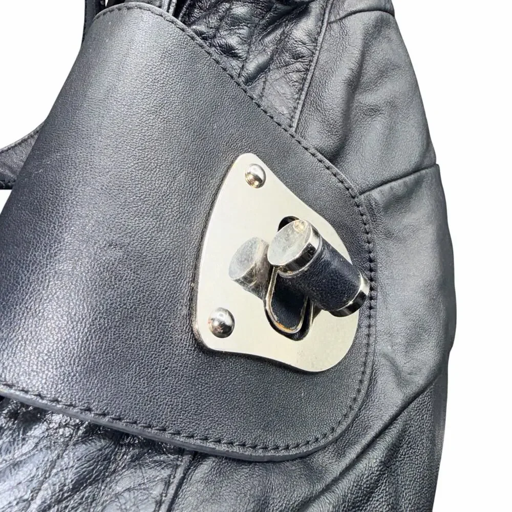 Pelle Studio Black Leather Tote Shoulder Bag Silver Turnlock